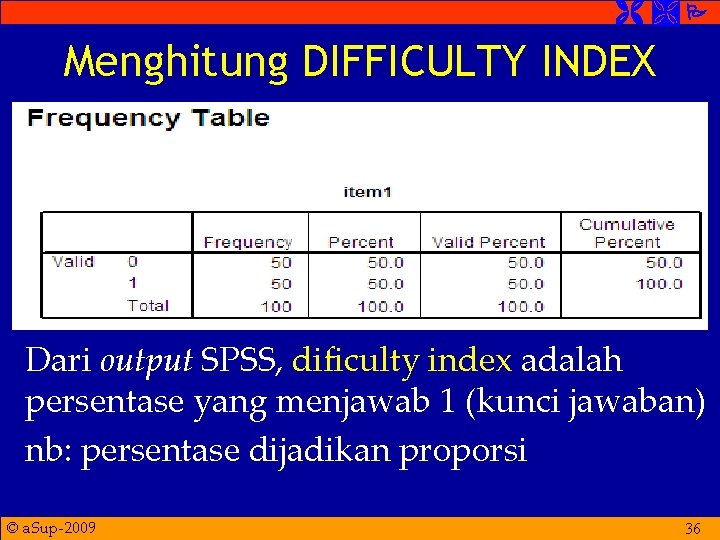 Menghitung DIFFICULTY INDEX Dari output SPSS, dificulty index adalah persentase yang menjawab 1 Menghitung DIFFICULTY INDEX Dari output SPSS, dificulty index adalah persentase yang menjawab 1