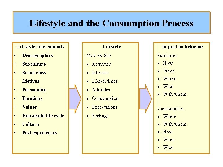 Lifestyle and the Consumption Process Lifestyle determinants Lifestyle Impact on behavior • Demographics How