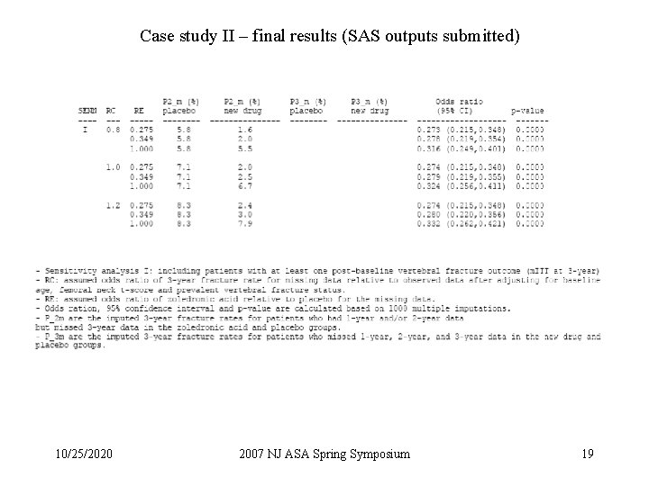 Case study II – final results (SAS outputs submitted) 10/25/2020 2007 NJ ASA Spring Case study II – final results (SAS outputs submitted) 10/25/2020 2007 NJ ASA Spring