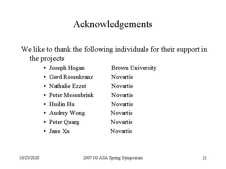 Acknowledgements We like to thank the following individuals for their support in the projects Acknowledgements We like to thank the following individuals for their support in the projects