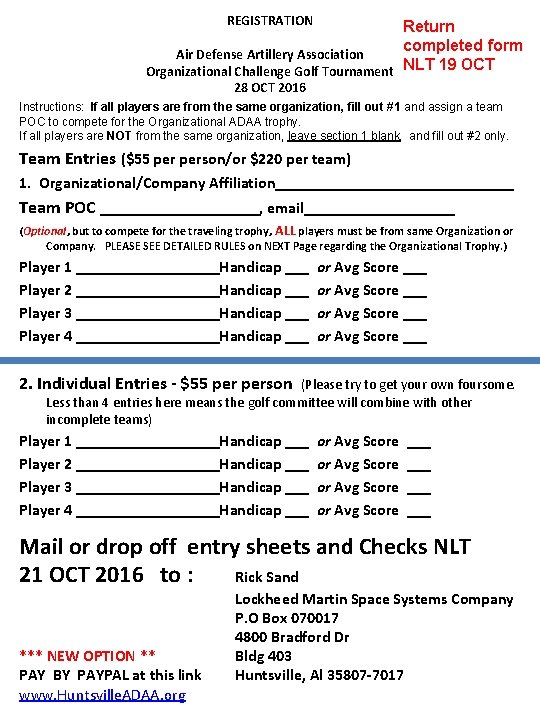 REGISTRATION Return completed form Air Defense Artillery Association Organizational Challenge Golf Tournament NLT 19