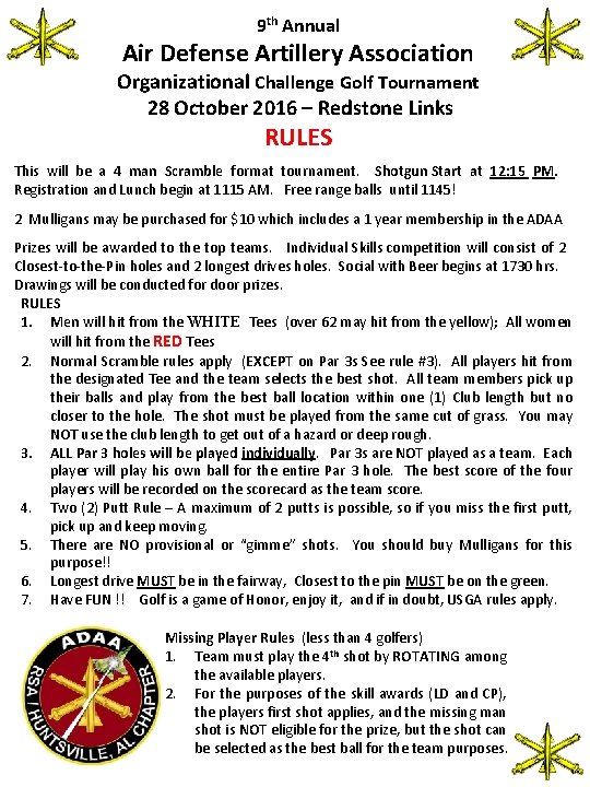 9 th Annual Air Defense Artillery Association Organizational Challenge Golf Tournament 28 October 2016