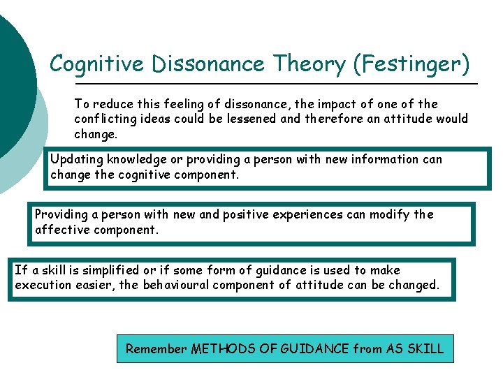 Cognitive Dissonance Theory (Festinger) To reduce this feeling of dissonance, the impact of one