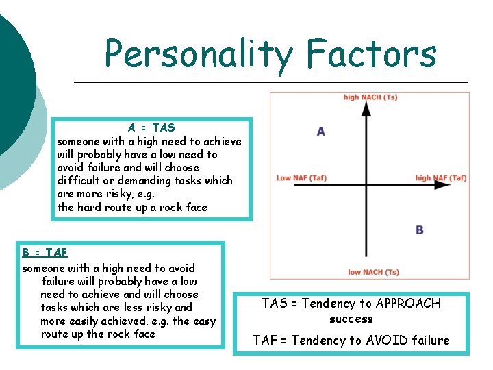 Personality Factors A = TAS someone with a high need to achieve will probably