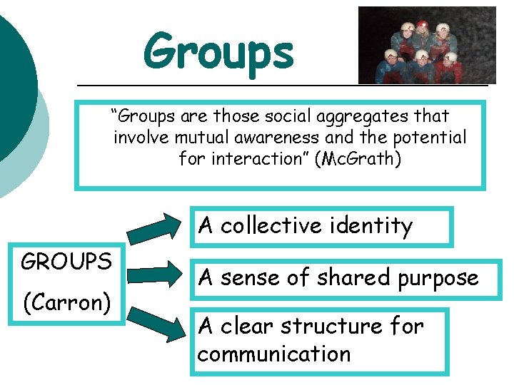 Groups “Groups are those social aggregates that involve mutual awareness and the potential for