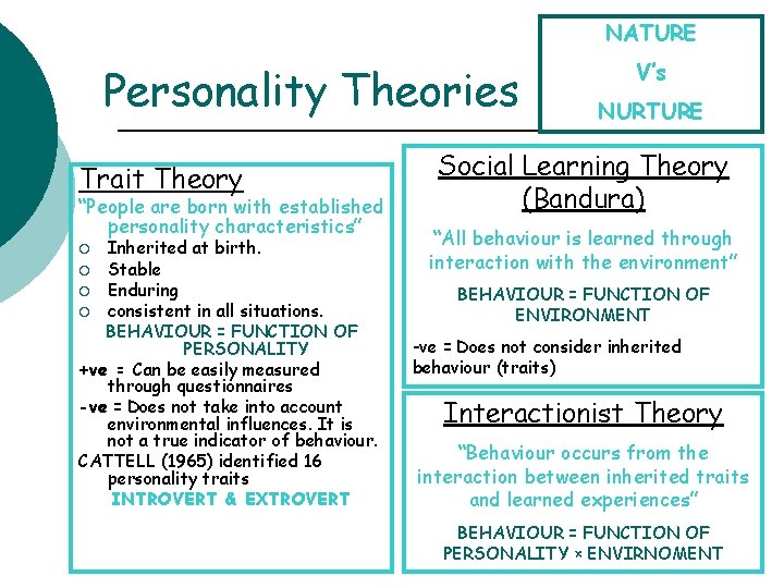 NATURE Personality Theories Trait Theory “People are born with established personality characteristics” Inherited at