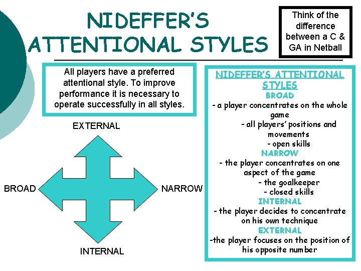 NIDEFFER’S ATTENTIONAL STYLES All players have a preferred attentional style. To improve performance it