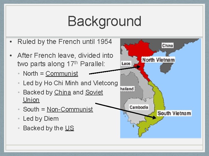 Background • Ruled by the French until 1954 • After French leave, divided into