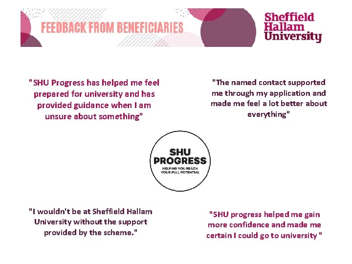 "SHU Progress has helped me feel prepared for university and has provided guidance when