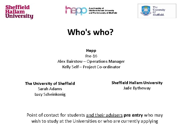 Who's who? Hepp Pre-16 Alex Bairstow – Operations Manager Kelly Self – Project Co-ordinator
