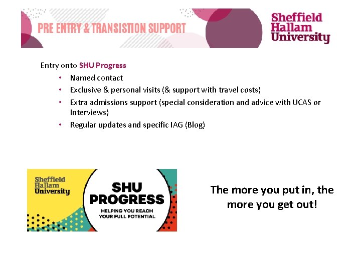 Entry onto SHU Progress • Named contact • Exclusive & personal visits (& support