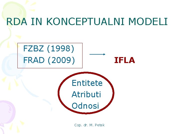 RDA IN KONCEPTUALNI MODELI FZBZ (1998) FRAD (2009) IFLA Entitete Atributi Odnosi Cop. dr.