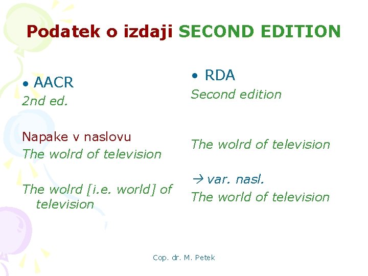 Podatek o izdaji SECOND EDITION • RDA ● AACR 2 nd ed. Second edition