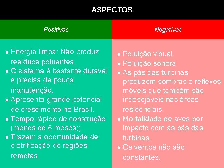 ASPECTOS Positivos Negativos Energia limpa: Não produz resíduos poluentes. O sistema é bastante durável