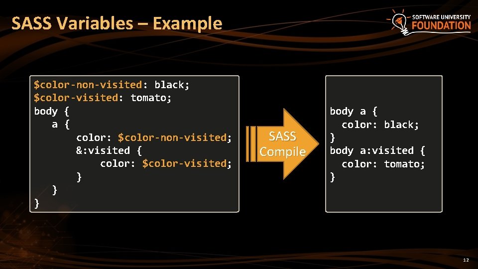 SASS Variables – Example $color-non-visited: black; $color-visited: tomato; body { a { color: $color-non-visited; SASS Variables – Example $color-non-visited: black; $color-visited: tomato; body { a { color: $color-non-visited;