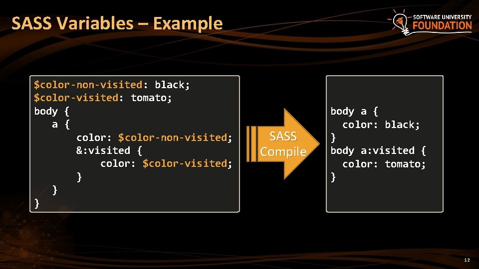 SASS Variables – Example $color-non-visited: black; $color-visited: tomato; body { a { color: $color-non-visited;