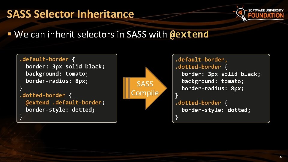 SASS Selector Inheritance § We can inherit selectors in SASS with @extend. default-border {