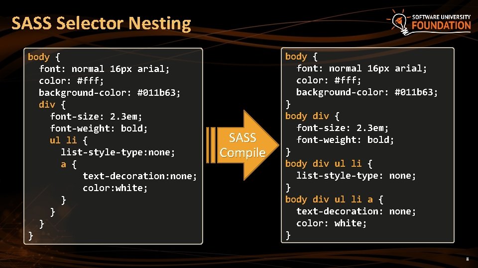SASS Selector Nesting body { font: normal 16 px arial; color: #fff; background-color: #011 SASS Selector Nesting body { font: normal 16 px arial; color: #fff; background-color: #011