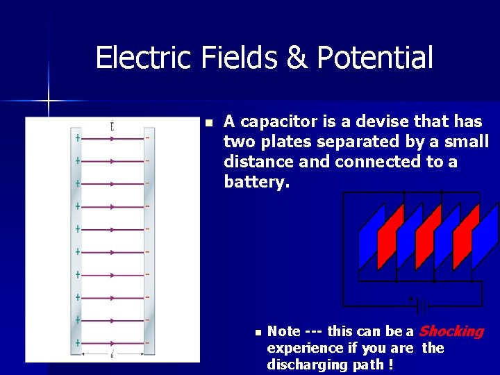 Electric Fields & Potential n A capacitor is a devise that has two plates
