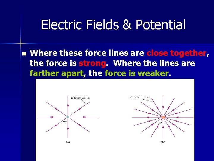 Electric Fields & Potential n Where these force lines are close together, the force