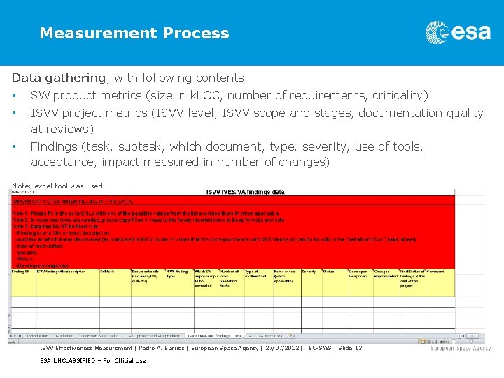 Measurement Process Data gathering, with following contents: • SW product metrics (size in k.