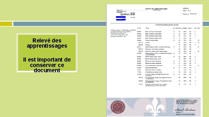 Relevé des apprentissages Il est important de conserver ce document 