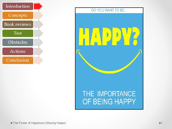 Introduction Concepts Book reviews Test Obstacles Actions Conclusion The Power of Happiness (Staying Happy)