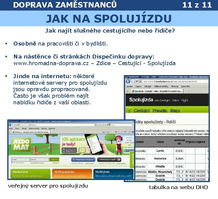 DOPRAVA ZAMĚSTNANCŮ 11 z 11 JAK NA SPOLUJÍZDU Jak najít slušného cestujícího nebo řidiče?