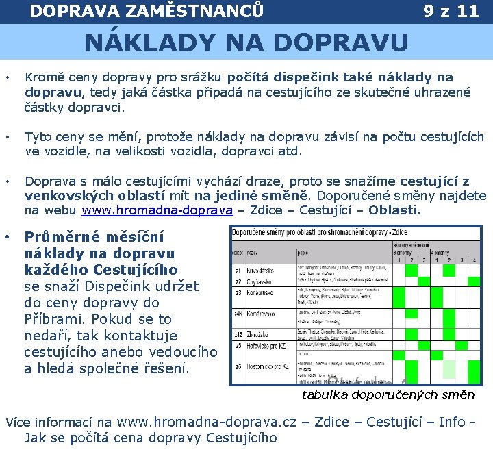 DOPRAVA ZAMĚSTNANCŮ 9 z 11 NÁKLADY NA DOPRAVU • Kromě ceny dopravy pro srážku