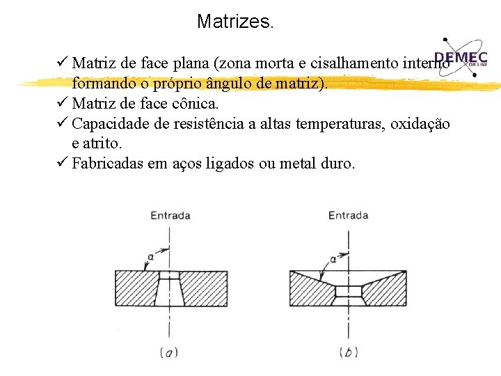 Matrizes. ü Matriz de face plana (zona morta e cisalhamento interno formando o próprio