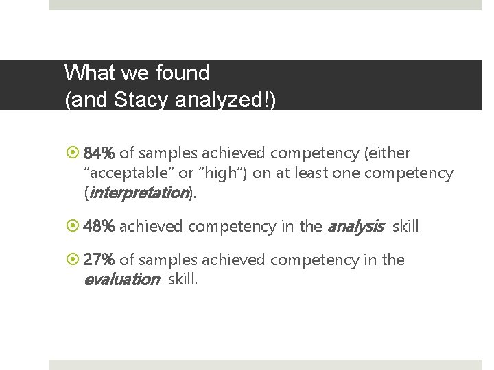 What we found (and Stacy analyzed!) 84% of samples achieved competency (either “acceptable” or