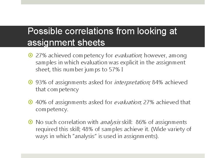 Possible correlations from looking at assignment sheets 27% achieved competency for evaluation; however, among