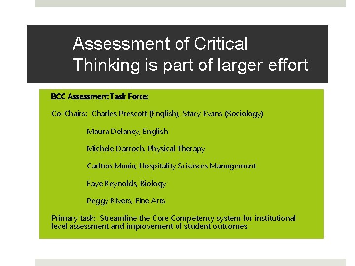 Assessment of Critical Thinking is part of larger effort BCC Assessment Task Force: Co-Chairs: