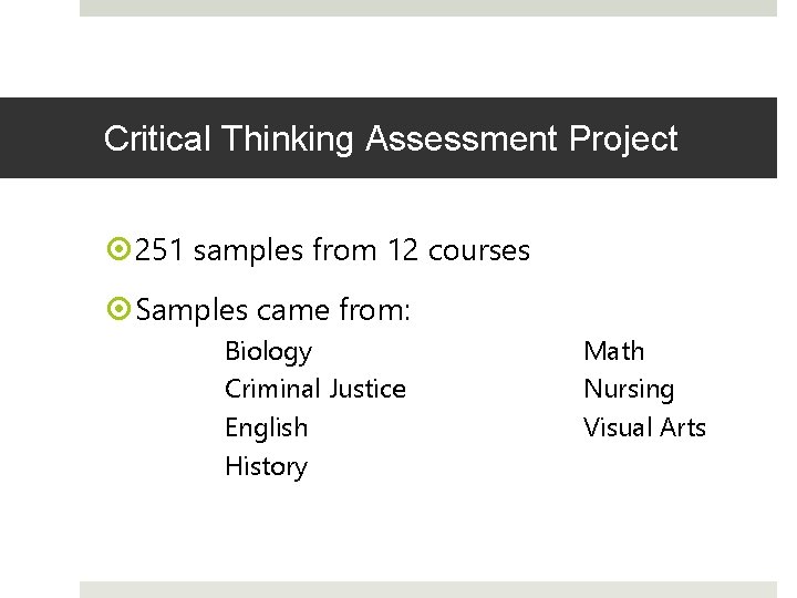 Critical Thinking Assessment Project 251 samples from 12 courses Samples came from: Biology Criminal