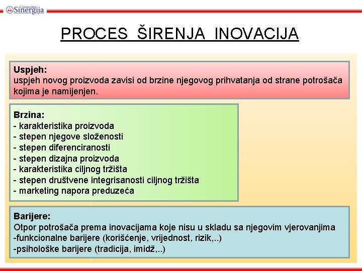 PROCES ŠIRENJA INOVACIJA Uspjeh: uspjeh novog proizvoda zavisi od brzine njegovog prihvatanja od strane