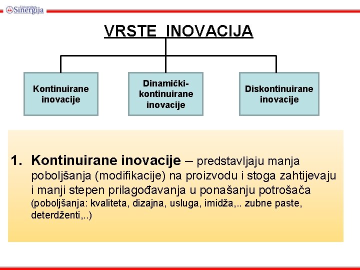 VRSTE INOVACIJA Kontinuirane inovacije Dinamičkikontinuirane inovacije Diskontinuirane inovacije 1. Kontinuirane inovacije – predstavljaju manja