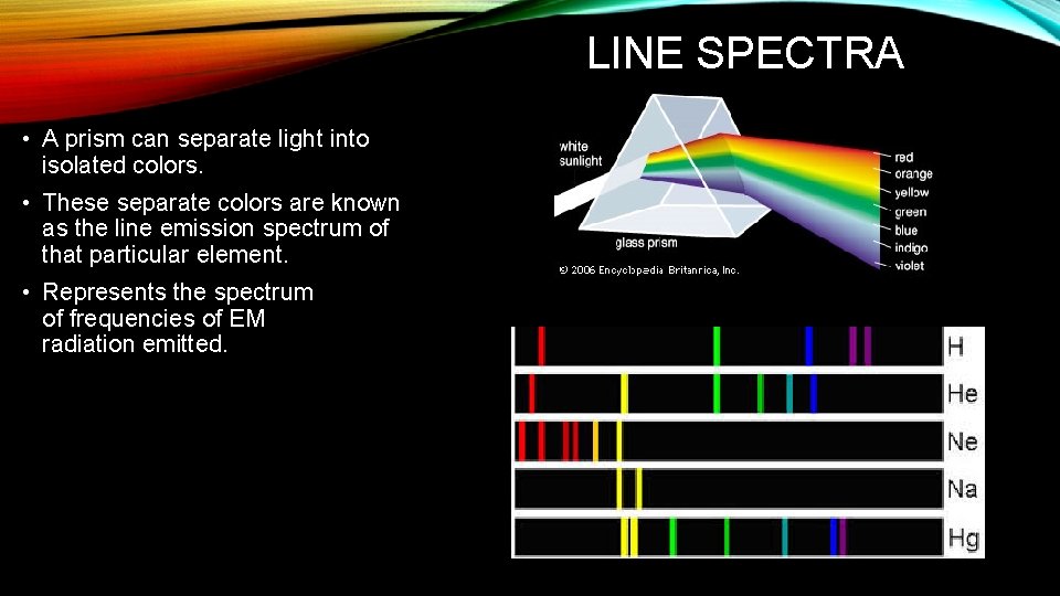 LINE SPECTRA • A prism can separate light into isolated colors. • These separate