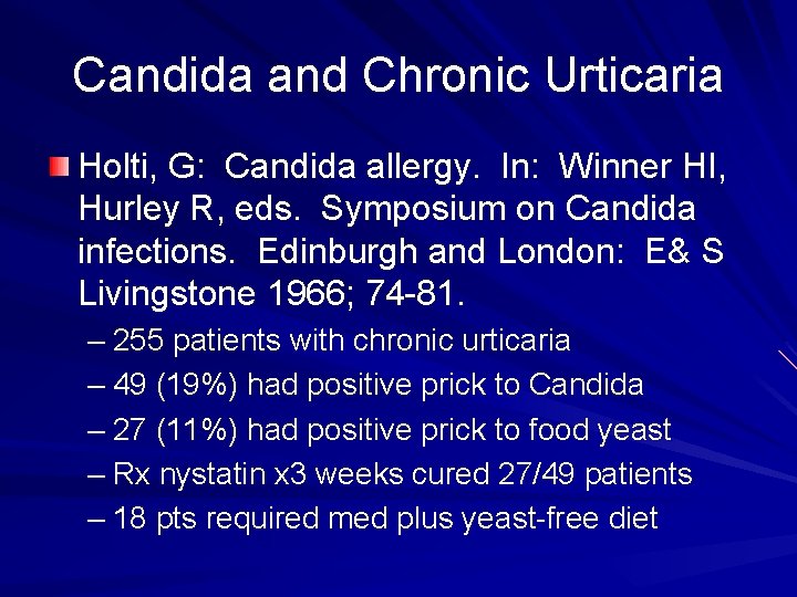 Candida and Chronic Urticaria Holti, G: Candida allergy. In: Winner HI, Hurley R, eds.