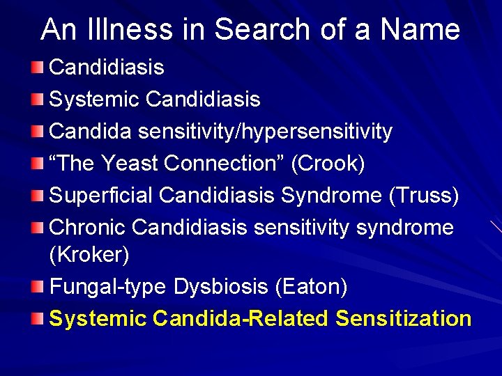 An Illness in Search of a Name Candidiasis Systemic Candidiasis Candida sensitivity/hypersensitivity “The Yeast