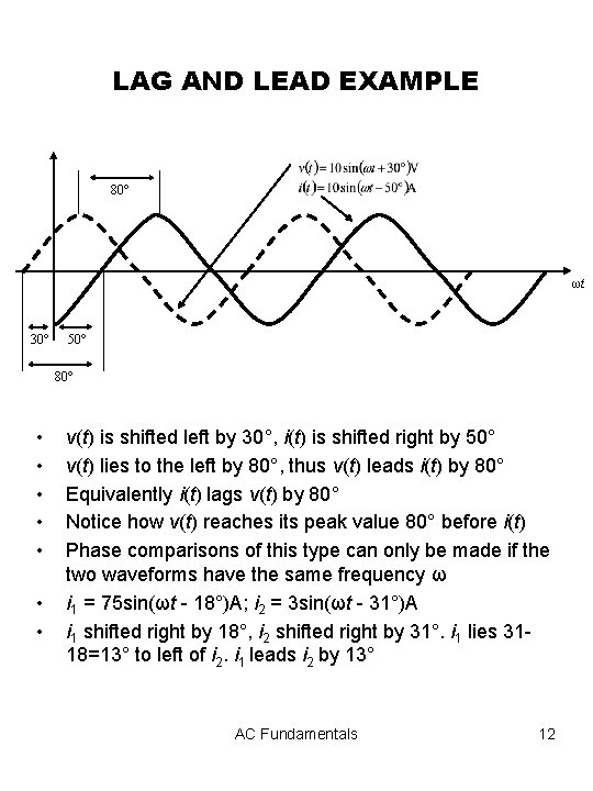LAG AND LEAD EXAMPLE 80° ωt 30° 50° 80° • • v(t) is shifted