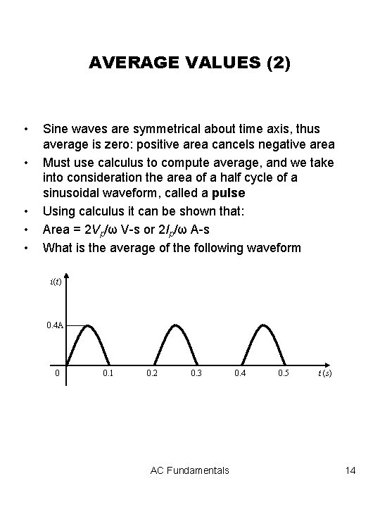 AVERAGE VALUES (2) • • • Sine waves are symmetrical about time axis, thus