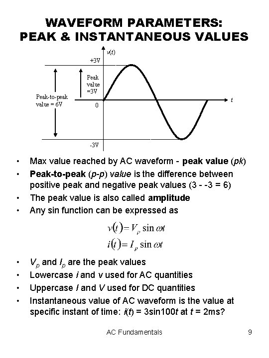 WAVEFORM PARAMETERS: PEAK & INSTANTANEOUS VALUES v(t) +3 V Peak-to-peak value = 6 V