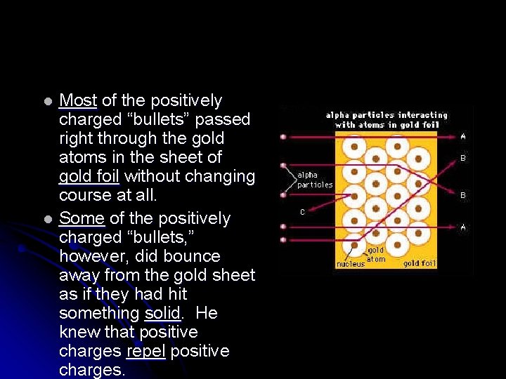 Most of the positively charged “bullets” passed right through the gold atoms in the Most of the positively charged “bullets” passed right through the gold atoms in the