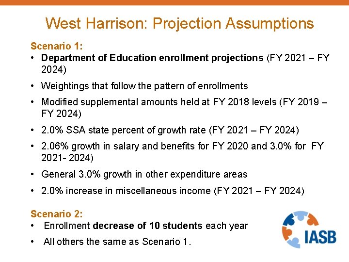 West Harrison: Projection Assumptions Scenario 1: • Department of Education enrollment projections (FY 2021
