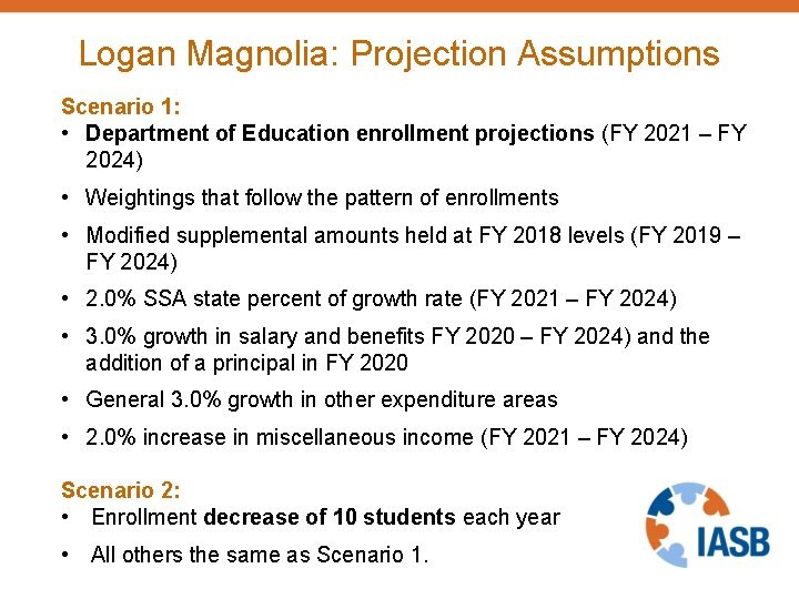 Logan Magnolia: Projection Assumptions Scenario 1: • Department of Education enrollment projections (FY 2021