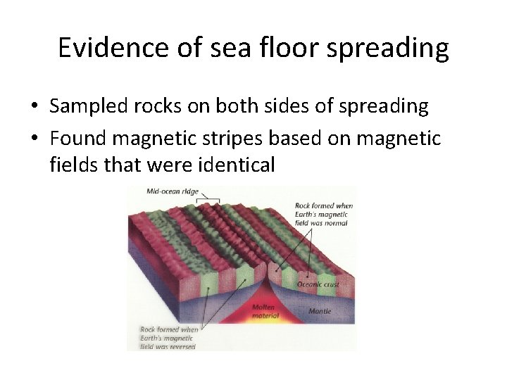 Evidence of sea floor spreading • Sampled rocks on both sides of spreading •