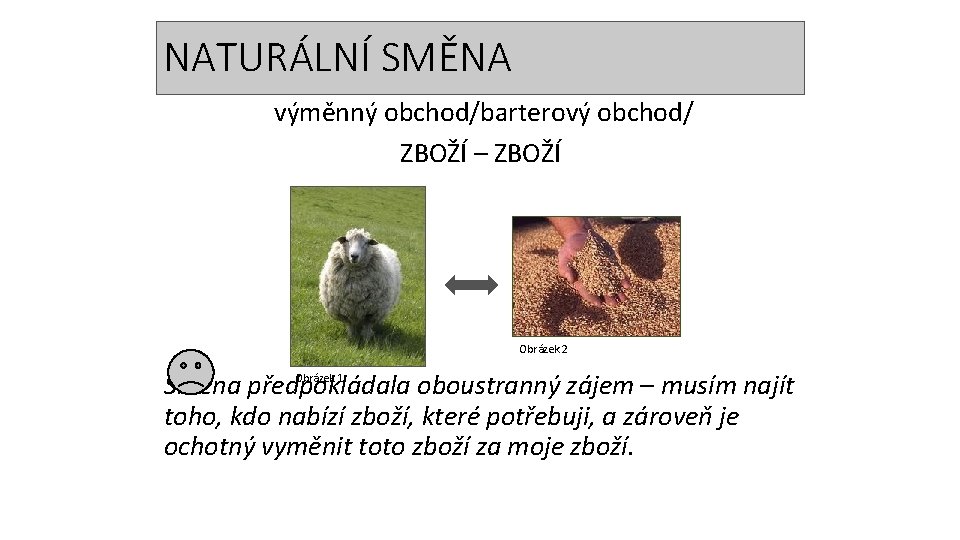 NATURÁLNÍ SMĚNA výměnný obchod/barterový obchod/ ZBOŽÍ – ZBOŽÍ Obrázek 2 Obrázek 1 Směna předpokládala