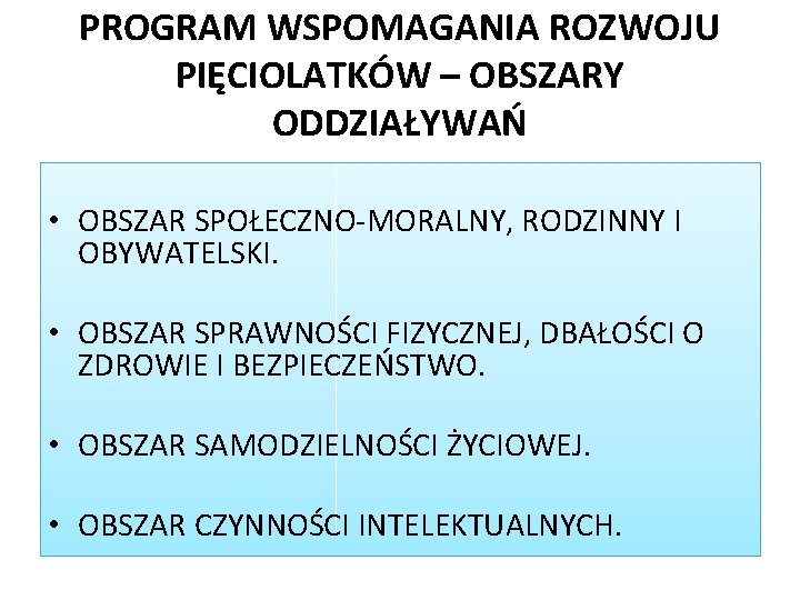 PROGRAM WSPOMAGANIA ROZWOJU PIĘCIOLATKÓW – OBSZARY ODDZIAŁYWAŃ • OBSZAR SPOŁECZNO-MORALNY, RODZINNY I OBYWATELSKI. •