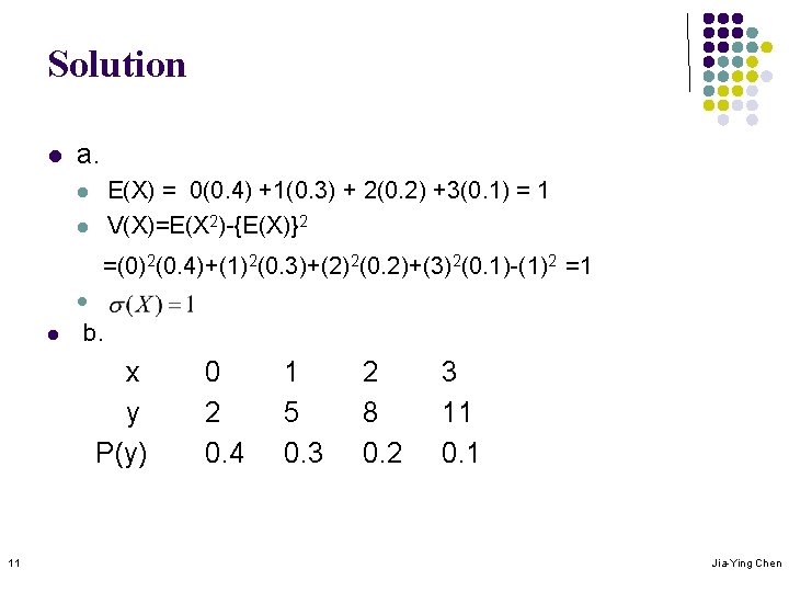 Solution l a. E(X) = 0(0. 4) +1(0. 3) + 2(0. 2) +3(0. 1)