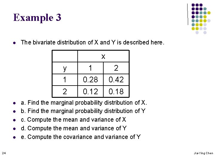 Example 3 l The bivariate distribution of X and Y is described here. x